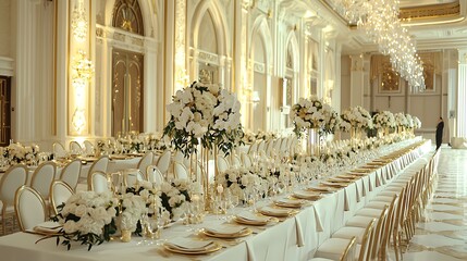 Wall Mural - Spacious ballroom setting in white and gold with long table arrangements.