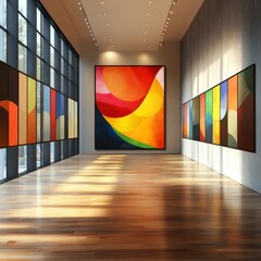 Sticker - Modern Gallery Interior with Colorful Abstract Paintings