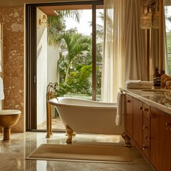 Luxurious Bathroom with Freestanding Tub  Marble Floors  and Tropical View