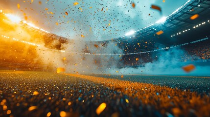 Sticker - Evening stadium arena soccer field championship win. Confetti and tinsel . Yellow toning. Wide angle smoke in blue and yellow background