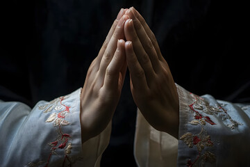 Praying Hands with White Embroidered Robe Against Dark Background