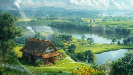 Wall Mural - animation isolated cabin with lake views generated with ai