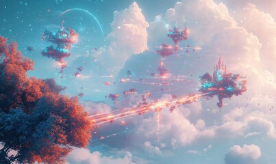 Poster - Fantasy floating island city with glowing lights and pink clouds in a blue sky.