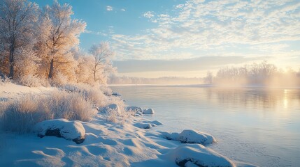 Sticker - Winter walk along a frozen riverbank, with snow-covered rocks and a peaceful, icy landscape. 4K hyperrealistic photo.