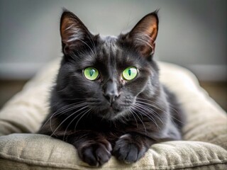 Adorable sleek black cat with bright green eyes and fluffy whiskers lying on a soft cushion, showcasing playful