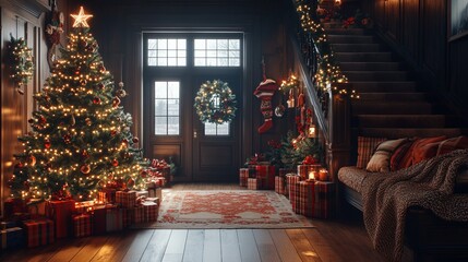 Poster - Christmas entryway with a decorated tree, wrapped gifts, a bench with cozy blankets, and twinkling lights. 4K hyperrealistic photo.