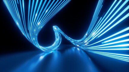 3d render, abstract background. Curvy neon ribbon with glowing lights. Telecommunication and internet technology concept. Data transfer metaphor. Particles moving and leaving glowing tracks