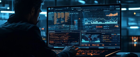 Leinwandbilder - A businessman working with a laptop computer and big data, connected to the global internet. Data science, Business and Stock AI, Digital Technology concepts.