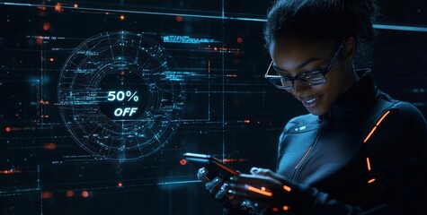 Leinwandbilder - Global tech with black woman at night for information technology, research, or digital jobs. IoT, smile and future 3D world hologram in dark, person networking with cloud computing dashboard.