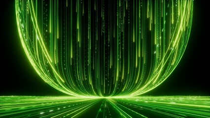 Wall Mural - 3d render, abstract wallpaper. Green neon lines over black background. Streaming energy. Particles moving and leaving glowing tracks