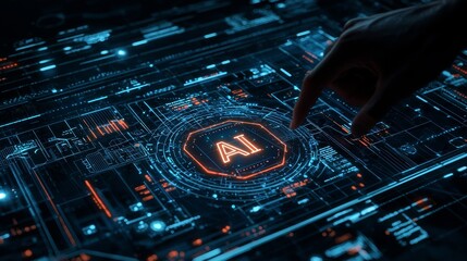 Aufkleber - The stock image is of an AI circuit board representing an electronic PCB circuit icon symbol on a businessman's hand touched by a cyberpunk neon cyberspace lighting. This is an innovative technology.