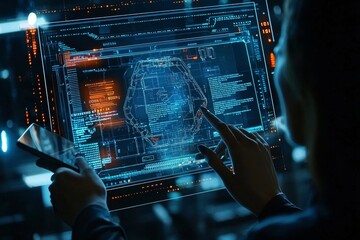 Fototapete - In a working data center, two IT engineers explain things while working on laptop computers.