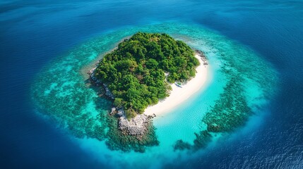 Wall Mural - Aerial view of a tropical island with a white sand beach surrounded by crystal clear blue water.