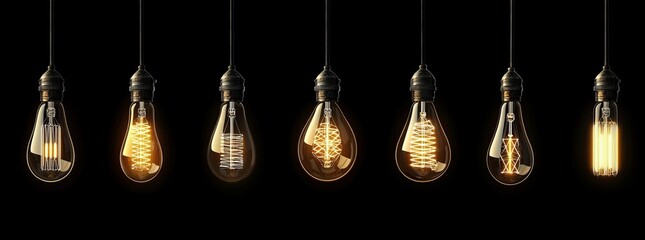 Fototapete - On a black background, a set of vintage glowing light bulbs