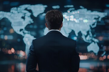 Fototapete - A person using a futuristic HUD interface, KPIs, BI, technology, and data