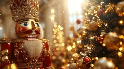 Canvas Print - Golden nutcracker statue with intricate details, standing proudly beside a gold-lit Christmas tree in a lavishly decorated room. 4K hyperrealistic photo.