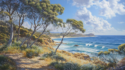 Wall Mural - A coastal scene featuring Australian tea trees and hardy coastal plants thriving near the shoreline 