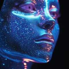 Canvas Print - Close up of a Woman s Face with Glittery Makeup and Neon Lights