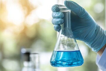 Aufkleber - Research and development concept of scientist holding flask with lab glassware in a chemical lab