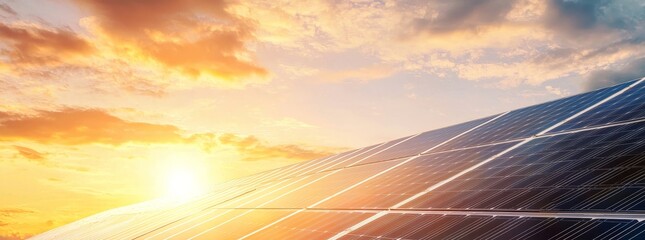 The photovoltaic solar panels are displayed against a sunset sky background, illustrating a green, new energy concept.