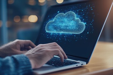 Fototapete - Technology of cloud computing and online data storage utilized by a business network. Computer connects to an internet server for the transfer of cloud data in 3D.