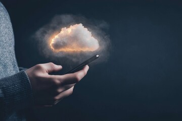 Poster - Technology transformation concept showing businessman holding mobile phone with virtual cloud computing.