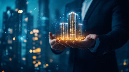 Poster - Businessman presenting glowing hologram of buildings symbolizing innovation in the real estate market
