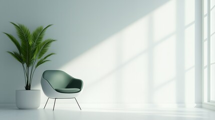 Wall Mural - Minimalist Living Room with Green Chair and Palm Plant.