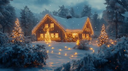 Wall Mural - Stringing holiday lights around a snow-covered house, with a glowing Christmas tree visible through the windows. 4K hyperrealistic photo.