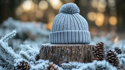 Poster - Mockup of a plain beanie hat on a snowy tree stump, surrounded by pinecones and frost, ideal for showcasing winter apparel designs. 4K hyperrealistic photo.