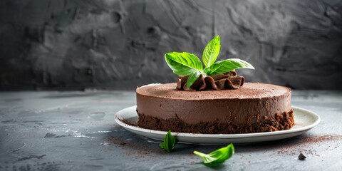 Chocolate cheesecake on light gray background. Delicious homemade dessert perfect for baking promotions, recipe sites, and food product advertising.