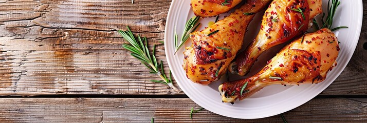 Grilled chicken legs, arranged on a white plate and garnished with rosemary and cherry tomatoes