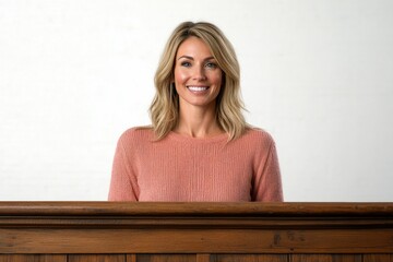 Wall Mural - Smiling Woman in Pink Sweater Leaning Over Wooden Countertop