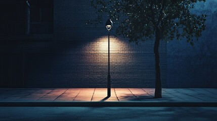 Wall Mural - Minimalist cityscape at night with a single streetlight casting a pool of light on an empty sidewalk, creating a scene of quiet urban solitude, 4K hyperrealistic photo.