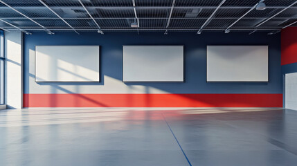 Modern art gallery interior with three blank canvases on the wall under bright lighting showcasing a minimalist design