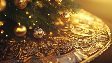 Poster - Luxurious golden Christmas tree skirt with intricate patterns, adding an elegant touch to a tree filled with golden ornaments and glowing lights. 4K hyperrealistic photo.