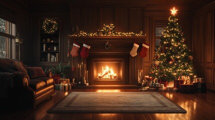 Poster - Cozy living room with a roaring fireplace, stockings hung on the mantle, and a beautifully decorated Christmas tree glowing with warm lights. 4K hyperrealistic photo.