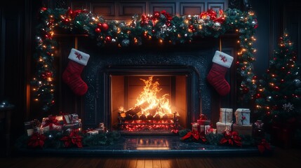 Poster - Holiday fireplace decorated with stockings, garlands, and a glowing fire, creating a cozy and festive atmosphere. 4K hyperrealistic photo.