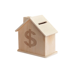 Wooden house model placed on a blue background, representing real estate, home design, or construction themes