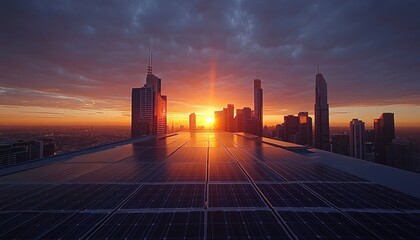 Wall Mural - Rooftop Solar Panels with City Skyline at Sunset