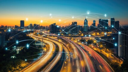 Wall Mural - A cityscape at dusk with a network of connections overlayed. The cityscape is filled with traffic and lights. The network shows how cities are connected.