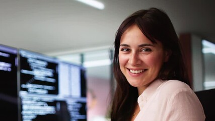 Canvas Print - Programmer Woman Coding On Multiple Computers