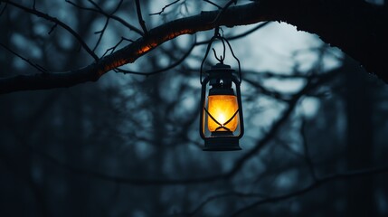 Wall Mural - A lone lantern hangs from a tree branch, casting a warm glow against a dark, mysterious background.