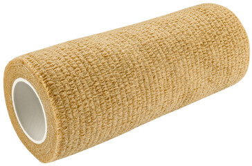 Brown self-fixing elastic cohesive rolled bandage isolated on a transparent background. Completely in focus.