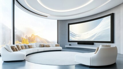 Wall Mural - A large curved couch in a modern living room with an enormous flat screen tv, AI