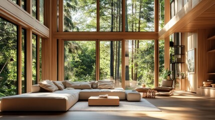 Wall Mural - Interior design of modern living room in wooden house among the trees