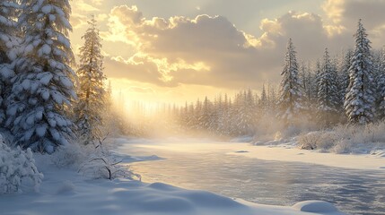 A serene winter landscape with a frozen lake surrounded by snow-covered trees.