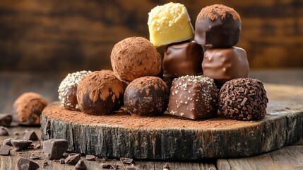 A delicious assortment of gourmet chocolates, arranged on a rustic wooden board.