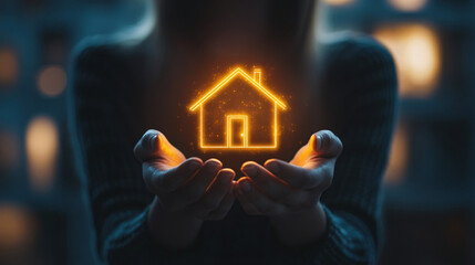 Aufkleber - Businesswoman displaying a futuristic illuminated house icon, representing real estate and property investment