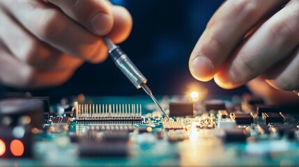 A technician performs precise work on a circuit board, showcasing careful detail and advanced technology in electronics repair.